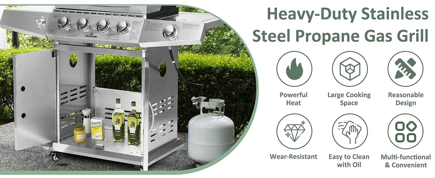 Propane Gas Grill Four Burners with Side Burner Stainless Steel Grill Cart with Wheels for Outdoor Patio Garden Backyard Cooking