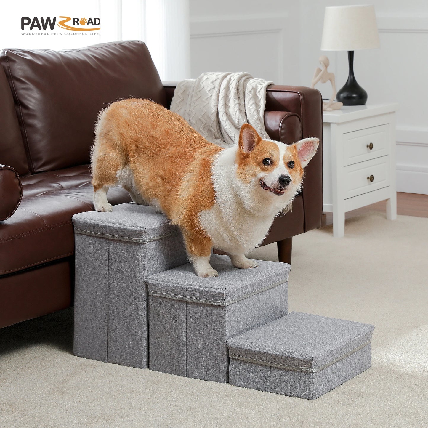 3-Tier Foldable Dog Stairs with Storage Adjustable Height Non-Slip Pet Steps for Small Old Dogs And Cats Brown/Grey/Dark Grey
