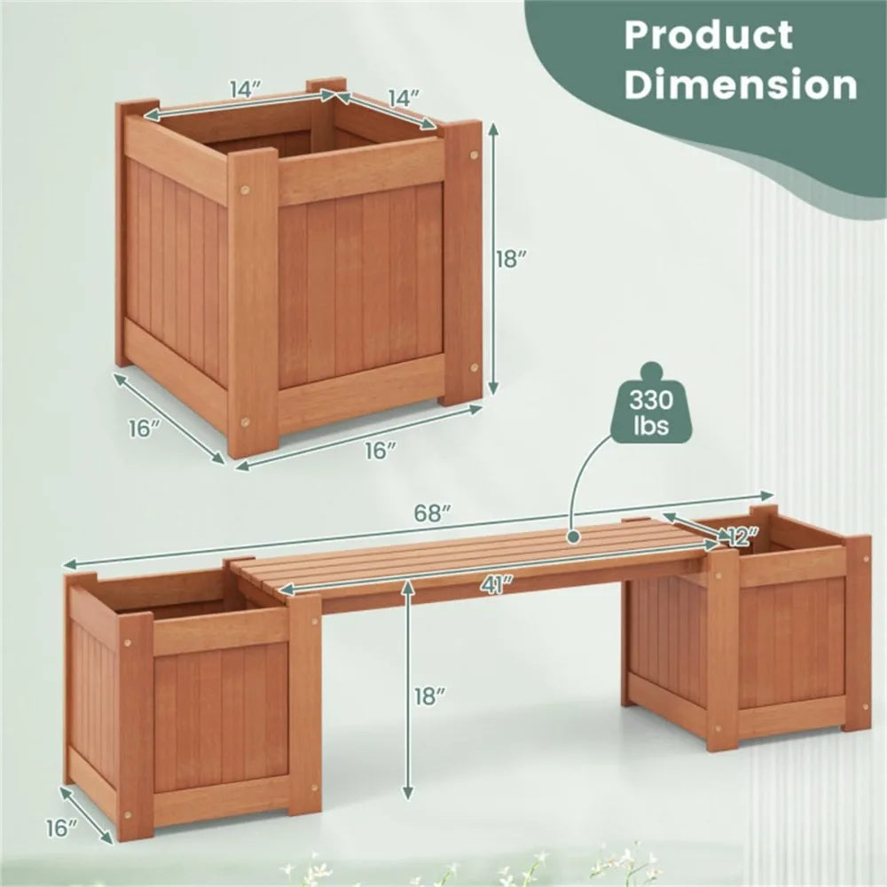 Wooden Bench with Planter Box Outdoor Garden Seat Durable Weatherproof Teak Oil Finish Deep Planters Detachable Bench 330 lbs.