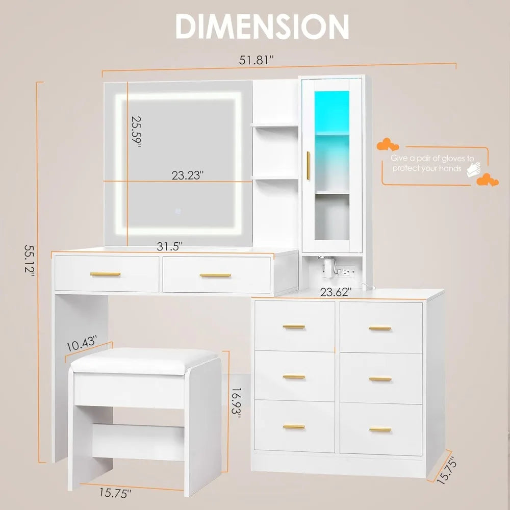 51.8 Inch Makeup Vanity Desk with Mirror and Lights White Vanity Table with RGB Cabinets Eight Drawers Power Outlet Large Dresser