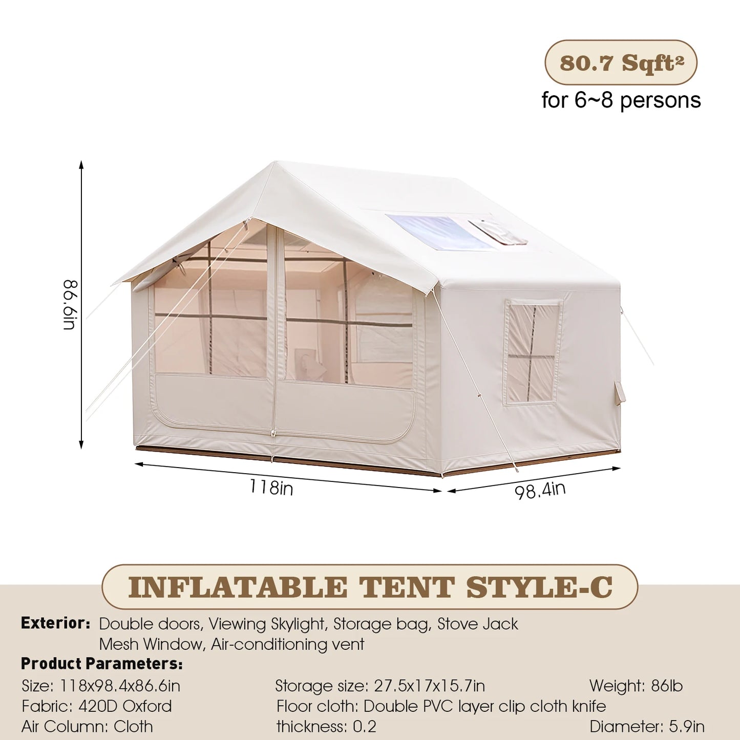 80.7 Square Feet Inflatable Glamping Tent with Air Conditioning Vent Waterproof Oxford Fabric Camping Shelter for 5 to 8 People
