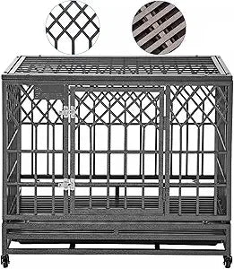 Heavy Duty Metal Dog Cage Large Kennel Crate with Three Doors Four Wheels 38 Inch Y-Shaped Pet Playpen by DAFIFY