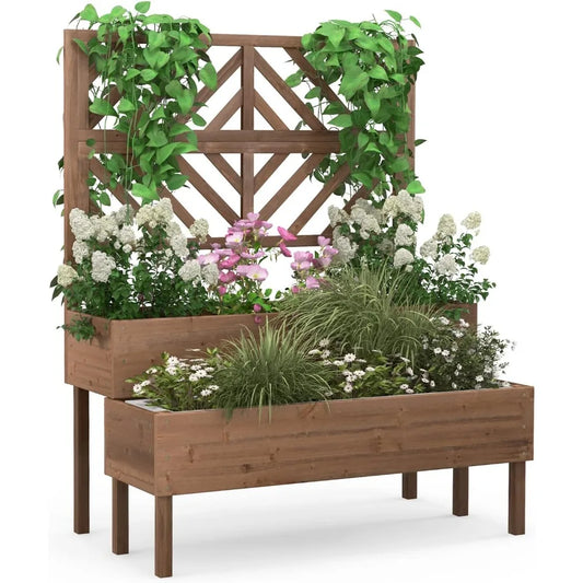 Raised Garden Bed with Trellis, 2-Tier Wooden Planter