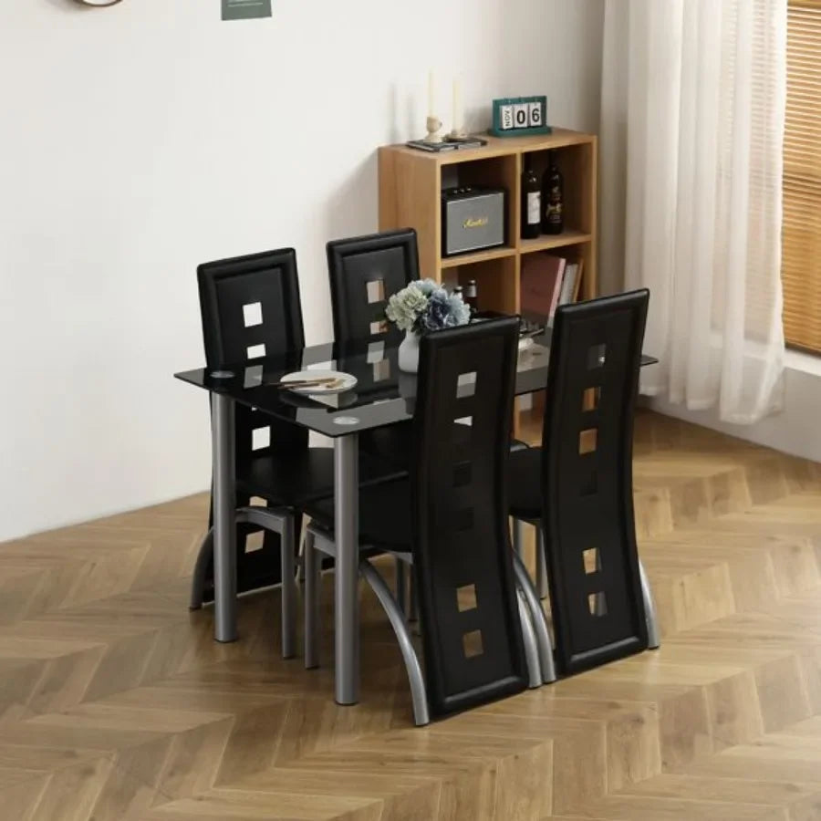 5 Pieces Dining Table Set for Kitchen Room Tempered Glass Dining Table 4 Chairs Black Table legs are silvery