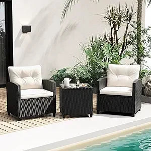 3 Piece Patio Furniture Set, Wicker Bistro Conversation Set w/ 2 Cushioned Armchairs & Glass Topped Table, Outdoor Rattan Sofa