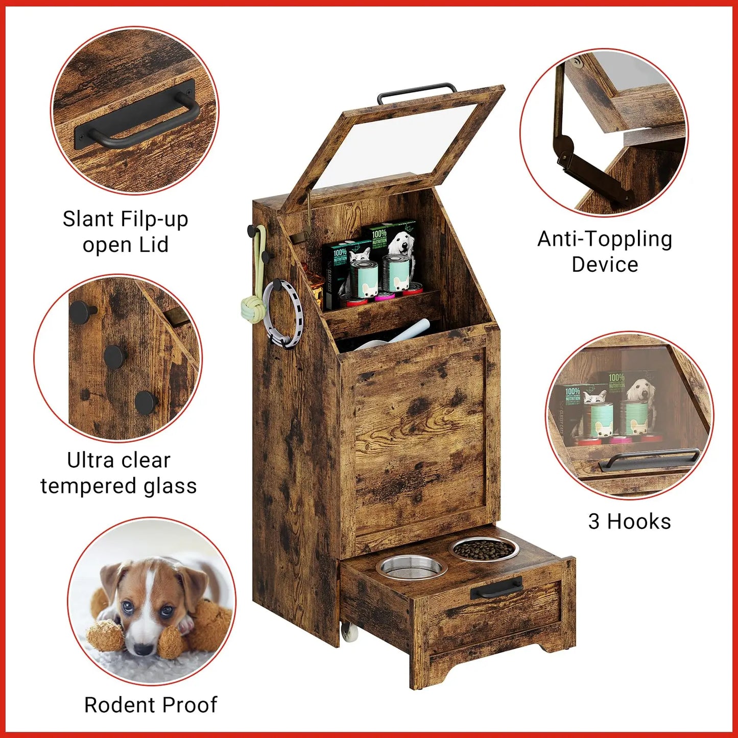 Large Dog Food Storage Cabinet with Flip Top - Pet Feeding Station & Organizer w/Transparent Lid, Side Hooks for Leashes etc.