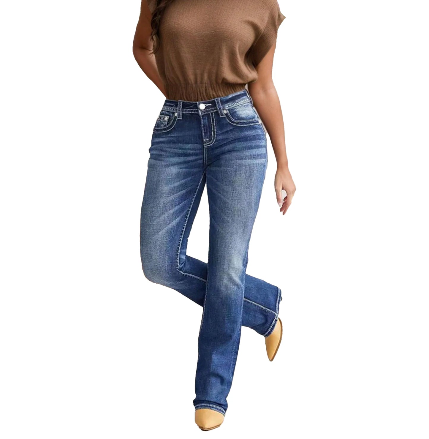 Women's Embroidered Flare Jeans - Stylish High-Waisted Denim with Unique Stitching Detail