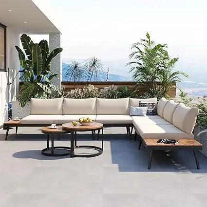 Modern Outdoor Sectional Sofa Set with Round Nesting Coffee Tables and Cushions 6 Piece Patio Furniture Set for Porch Garden Pool