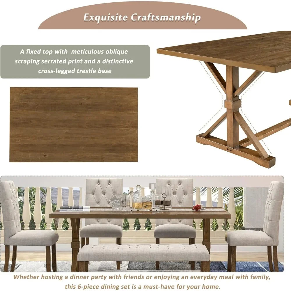 6 Piece Kitchen Dining Table Set, 72 inch Wooden Rectangular Table with 4 Upholstered Chairs and a Bench.