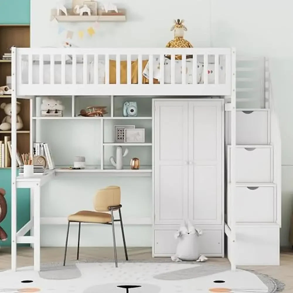 Full Size Loft Bed Combo Set with Storage Stairs Desk Bookshelf Drawers and Wardrobe Solid Wood Frame for Kids Teens and Adults in White