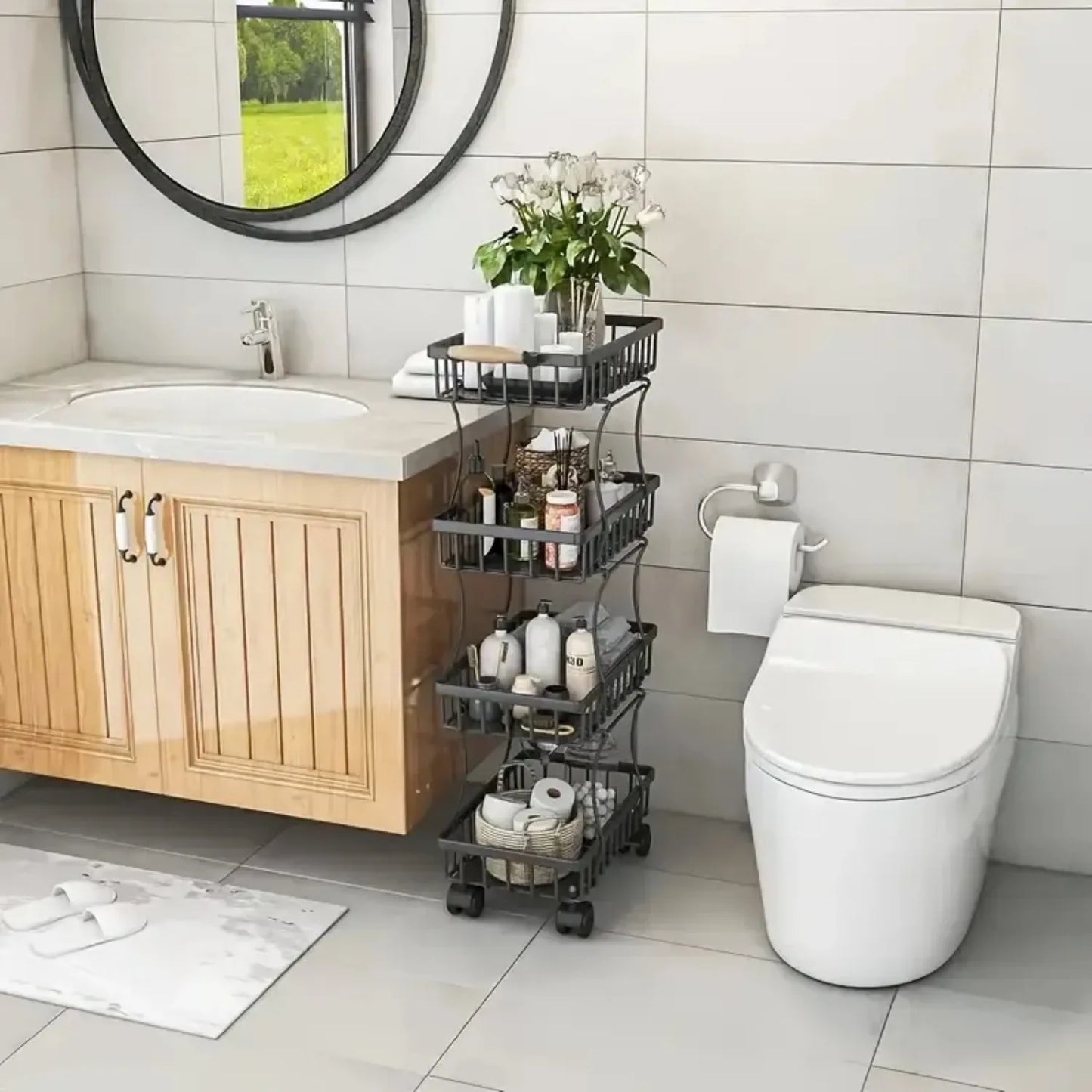 4-Tier Stackable Metal Vegetable Storage Rack - 4 Spacious Baskets, Caster Wheels for Kitchen/Pantry Organization