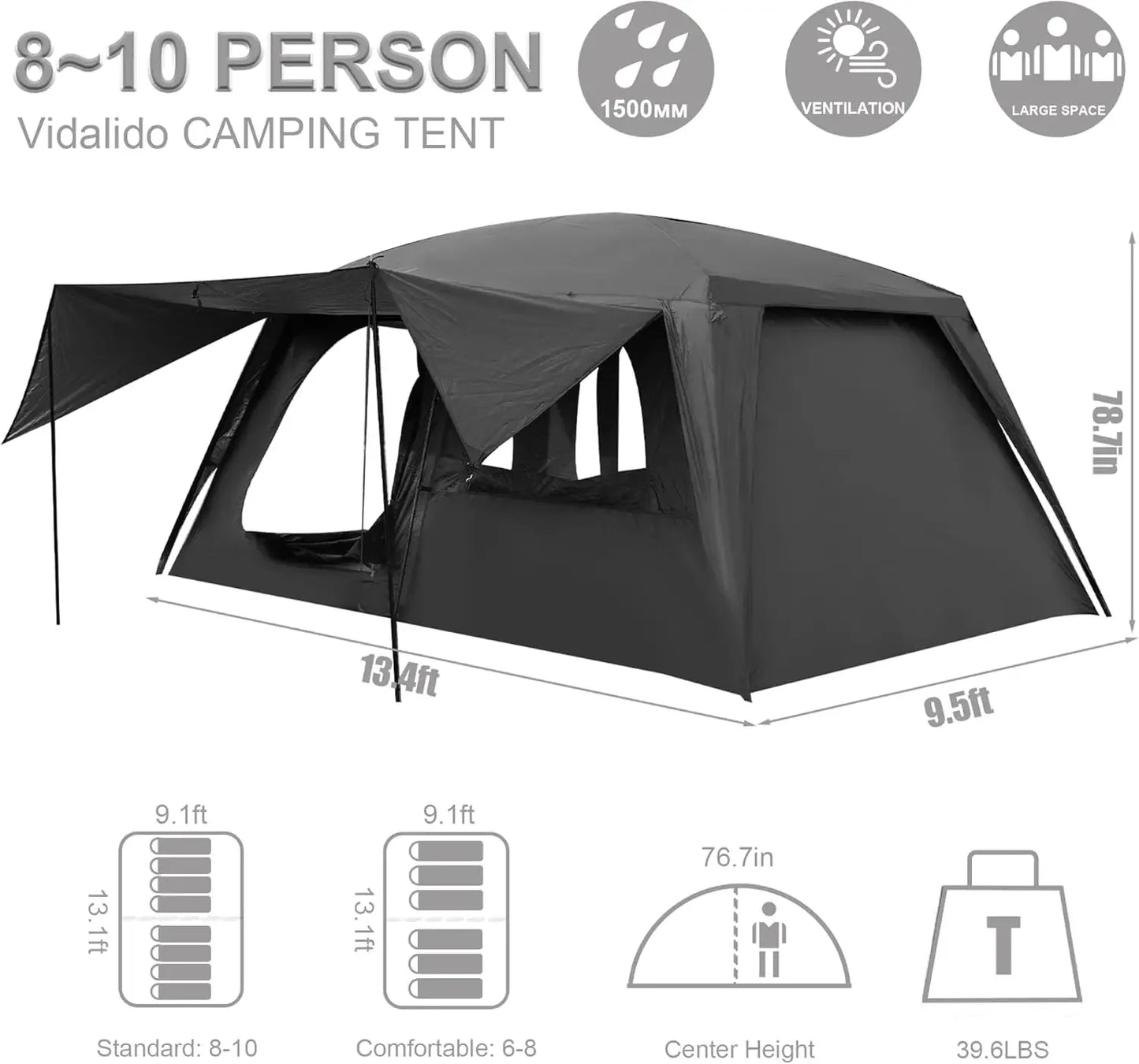 Large 3-Door 2-Room Camping Tent for 8-10 People Double Layer Waterproof Portable Glamping Cabin Tent with Multiple Entrances