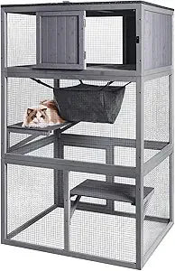 X-ZONE PET Catio 3-Story Wooden Cat House Outdoor Enclosure with Hammock & Resting Box Indoor Large Kitten Playpen Breathable Cat Beds & Mats