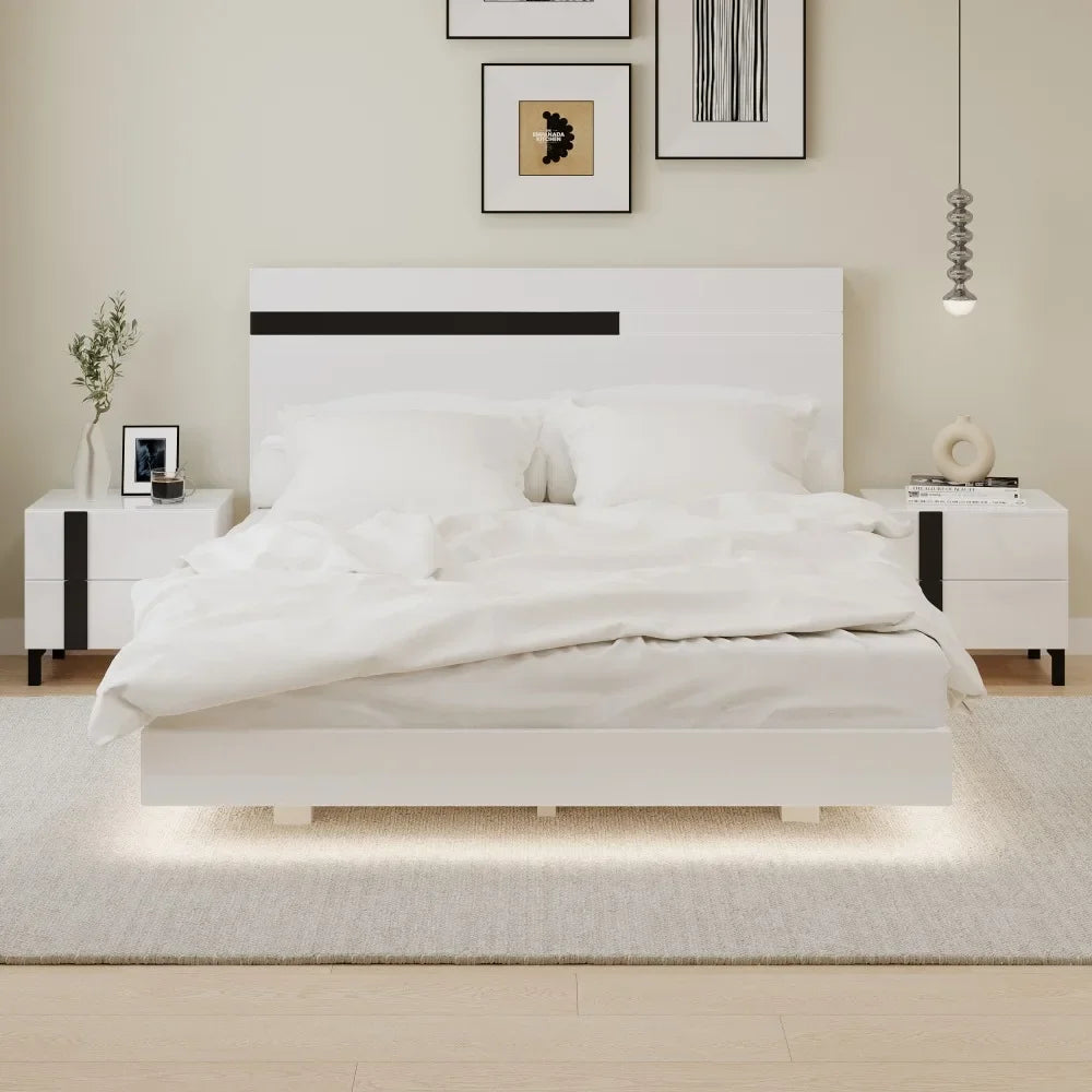 Modern High Gloss 3 Piece Bedroom Set Floating Queen Size Platform Bed with LED Light and 2 Nightstands in White