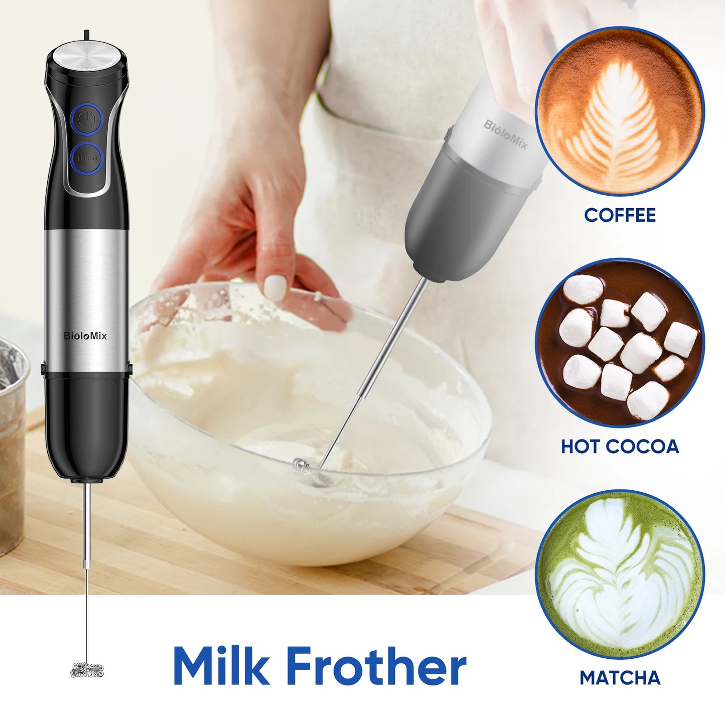 BioloMix 5 in 1 Immersion Hand Blender 1500 Watt Powerful Stainless Steel Blade Food Processor Smoothie Maker Baby Food Puree Tool