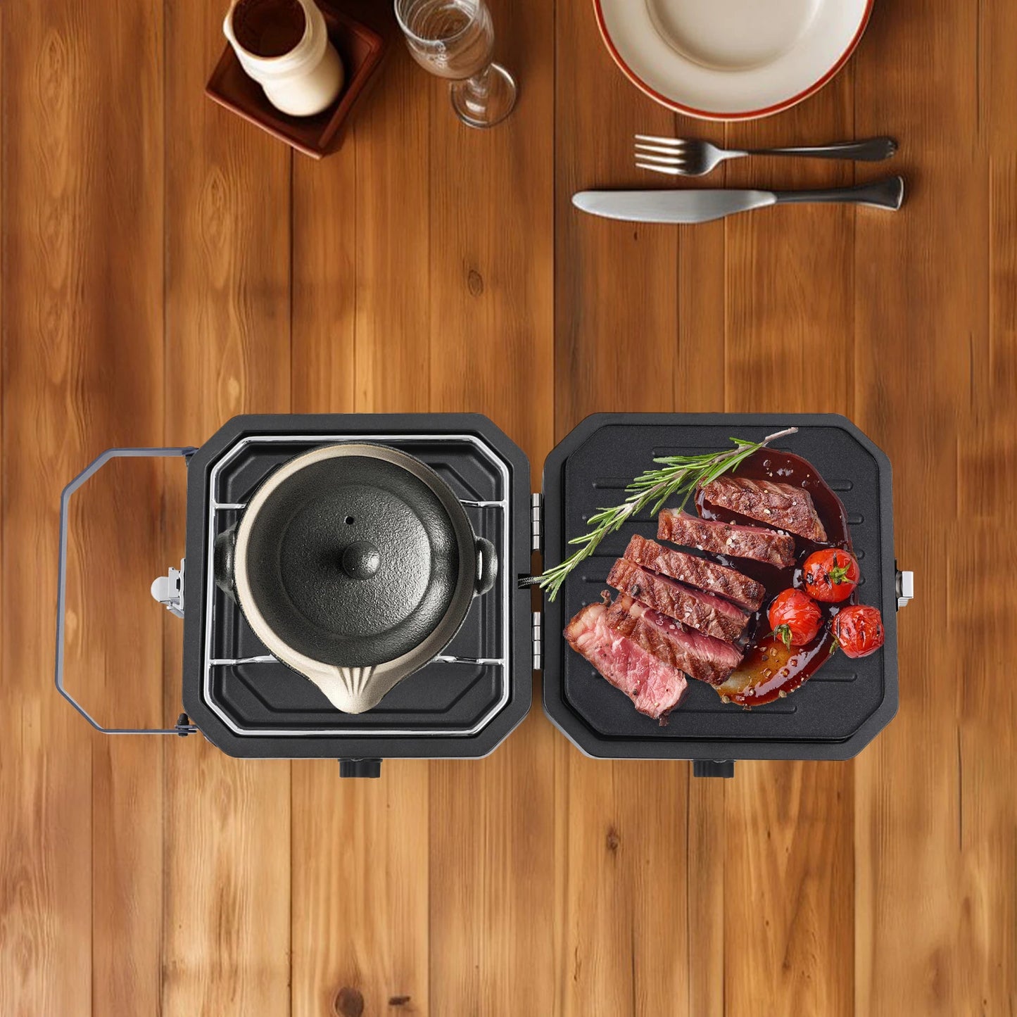 Camping Stove with Grill Pan Foldable Camp Stove 2-Burners Portable Stove for Camping BBQ