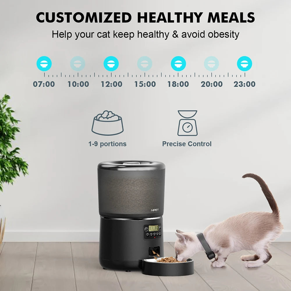 NPET 4L Smart Pet Feeder Automatic for Cats/Dogs with Stainless Steel Bowl - Customizable 1-9 Portions Food Dispenser with Timer