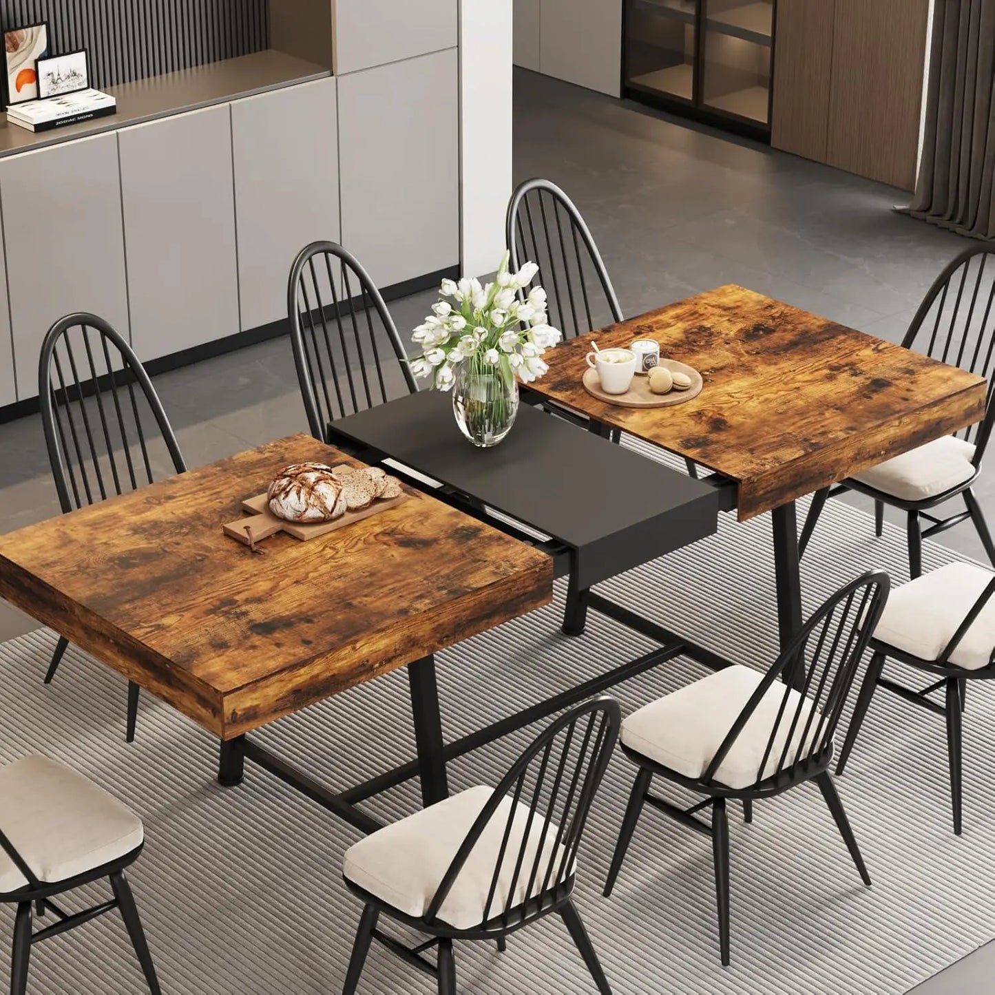 Extendable Dining Table 63-79 Inch Woodgrain/Marble Top for 6-10 People Silent-Glide Mechanism Modern Rectangular Dining Room Furniture