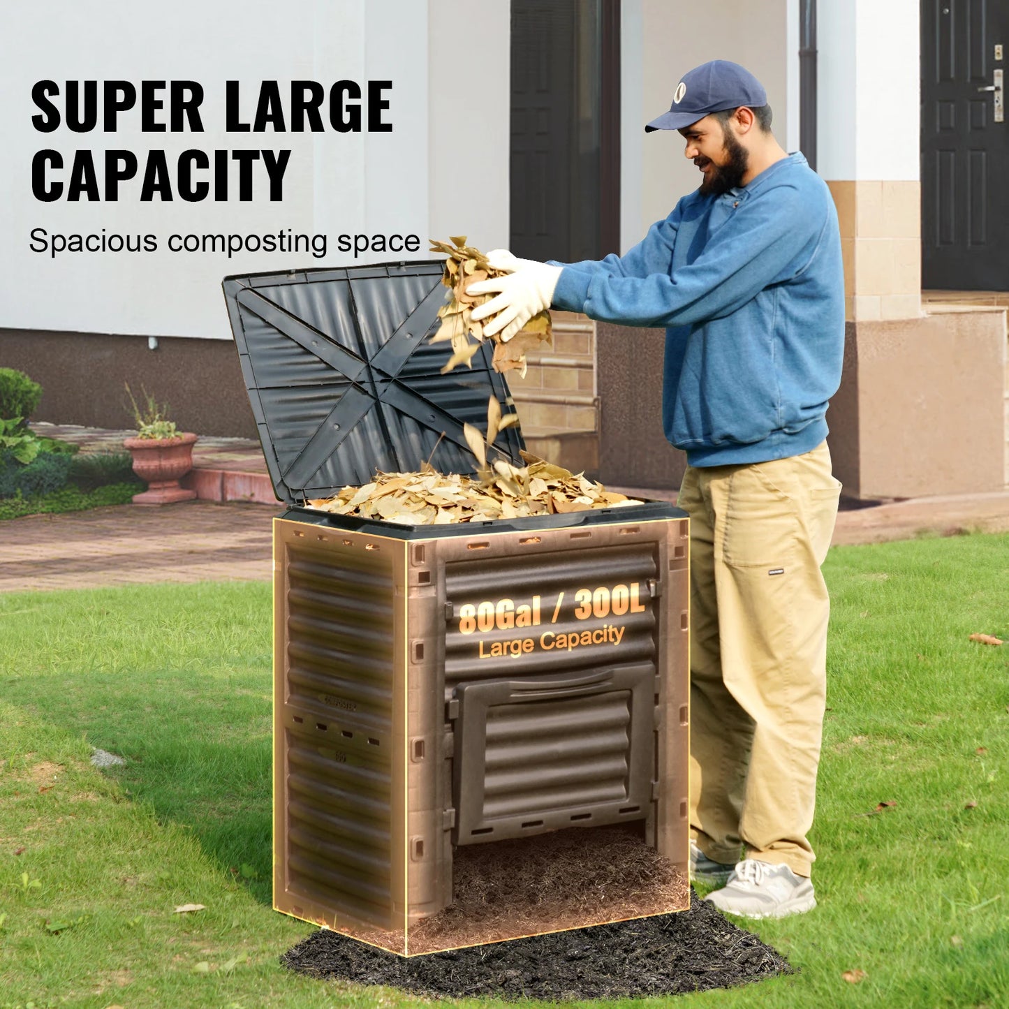 VEVOR Garden Compost Bin Large Capacity 80 Gallon BPA Free Outdoor Composter with Top Lid and Bottom Door Black