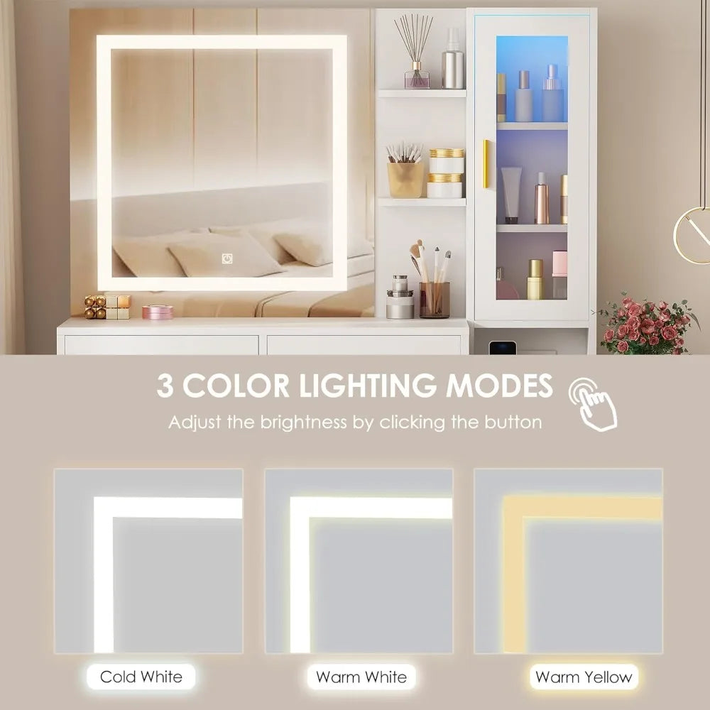51.8 Inch Makeup Vanity Desk with Mirror and Lights White Vanity Table with RGB Cabinets Eight Drawers Power Outlet Large Dresser
