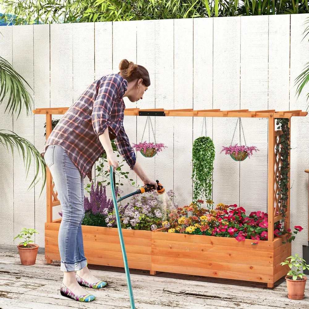 Raised Garden Bed with Trellis & Hanging Roof Planter