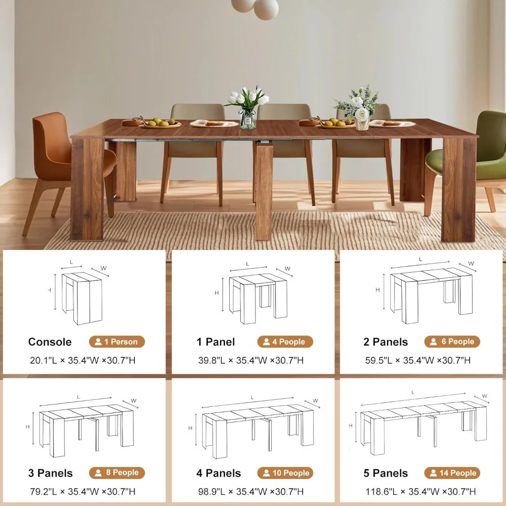 Extendable Console Table with Extension Leaves Holder, Mid Century Modern Expandable Dining Table for 12-14 Person, 20" to 118"