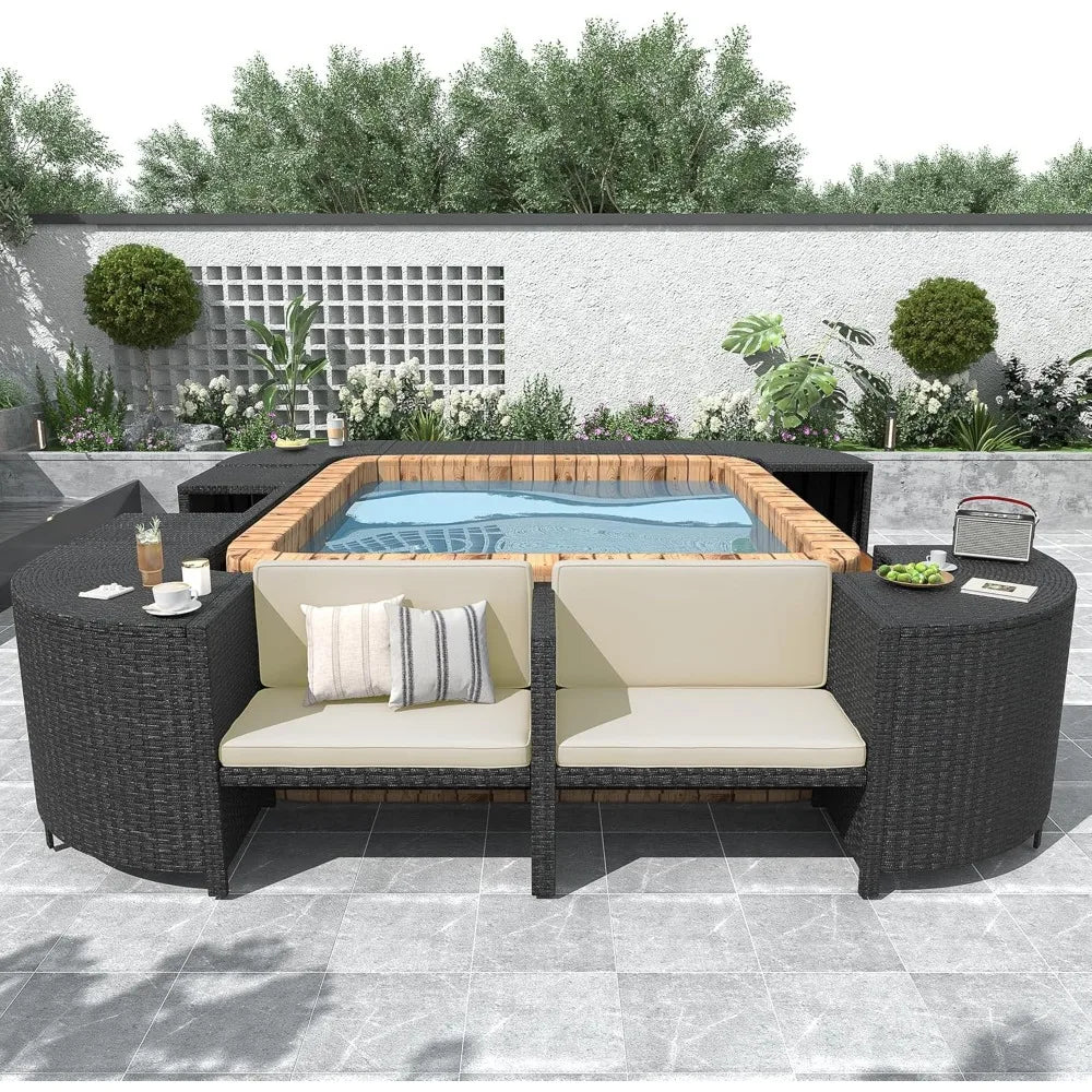 Beige Rattan Patio Furniture Set with Wooden Seats Storage Spaces Quadrilateral Outdoor Sofa Set for Spa Surround