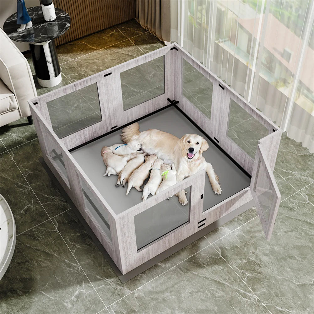 Heavy Duty Tempered Glass Dog Whelping Box Indoor Pet Playpen Kennel Cage with Waterproof Mat Training Enclosure Fence for Puppies
