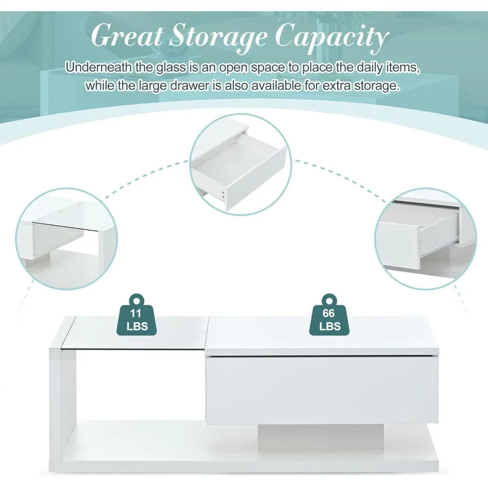 Modern Coffee Table with Tempered Glass, 2-Tier Wooden Center