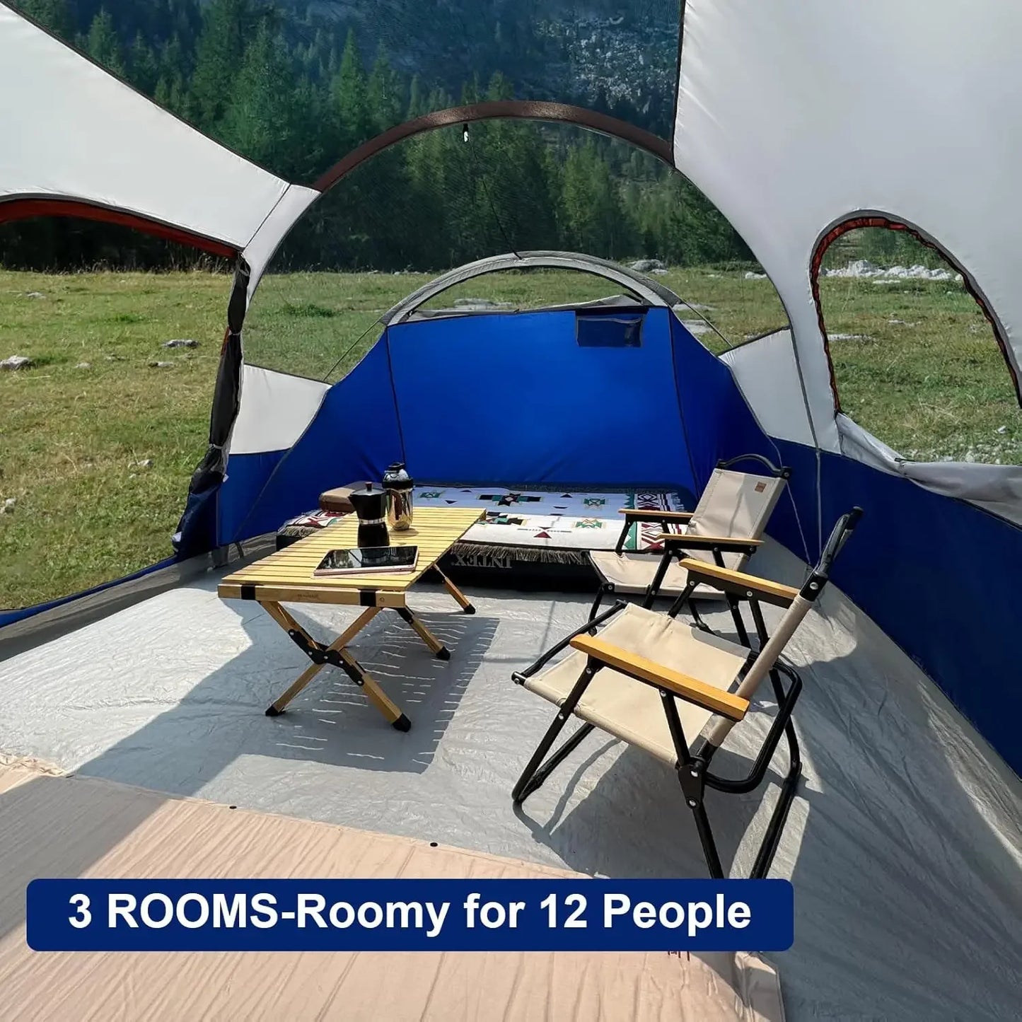 12-Person 3-Room Waterproof Windproof Camping Tent with Top Rainfly And Large Mesh Windows Family Outdoor Shelter