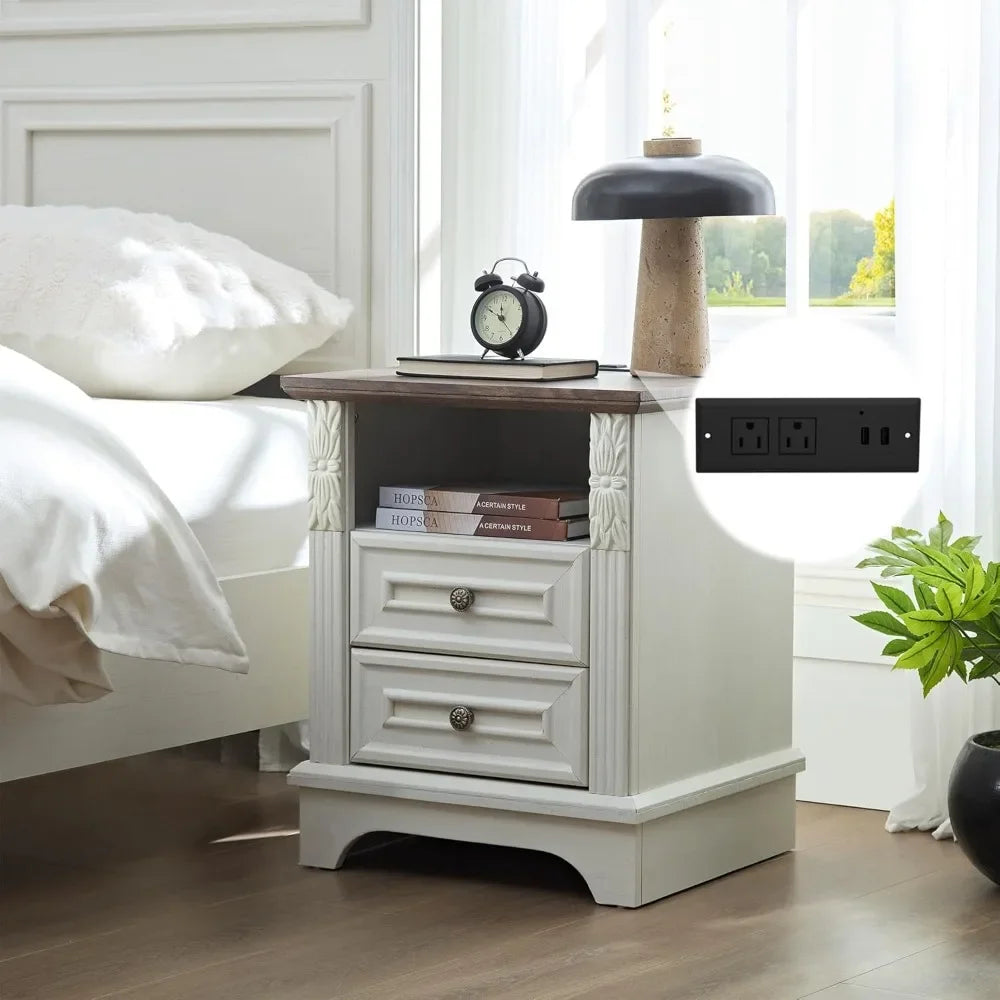 Farmhouse Nightstand with Charging Station 20" End Table 2 Drawers Carved Storage Cabinet Modern Bedroom Furniture