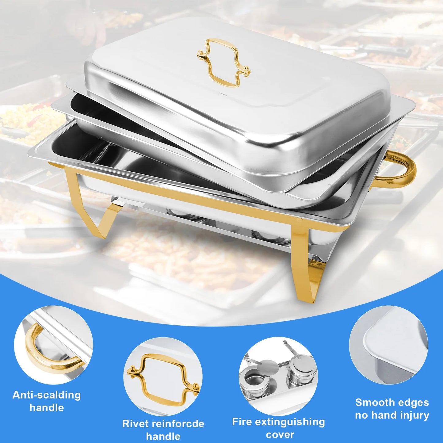 4 Pack Rectangular Chafing Dishes Set 8QT 9QT Semi Gold Plated Stainless Steel Buffet Warmer for Hotel Catering or Wedding Parties