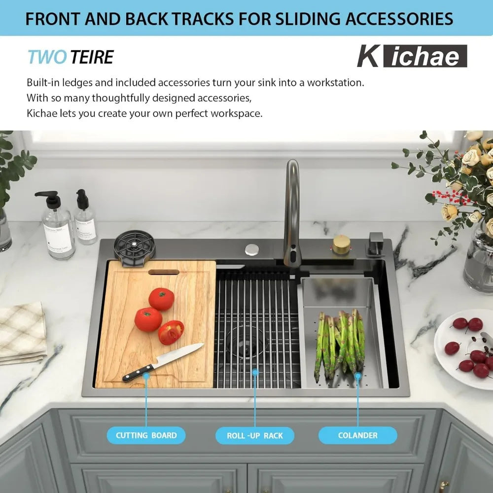 33 Black Kitchen Sink Drop In Waterfall 33x22 Stainless Steel