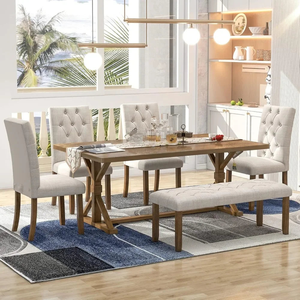 6 Piece Kitchen Dining Table Set, 72 inch Wooden Rectangular Table with 4 Upholstered Chairs and a Bench.