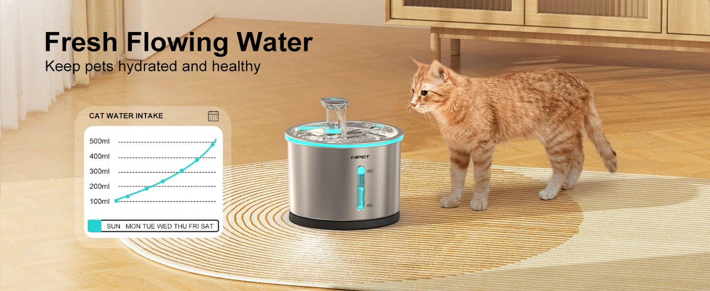NPET Stainless Steel Cat Water Fountain 50oz 1.5L Dishwasher Safe Pet Water Dispenser with Visible Window Light