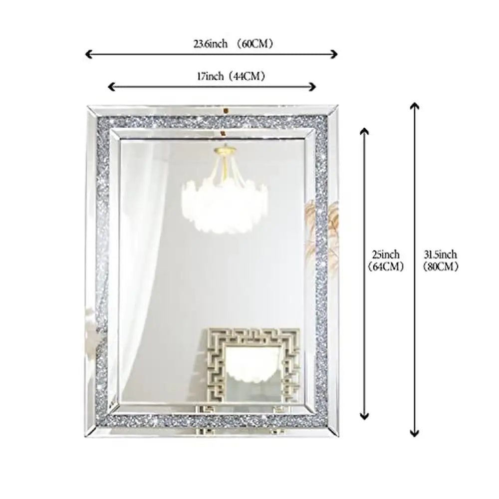 32x24 Crushed Diamond Beveled Wall Mirror Decor Silver Luxury Modern MDF Home Decoration High-End Sturdy Hooks