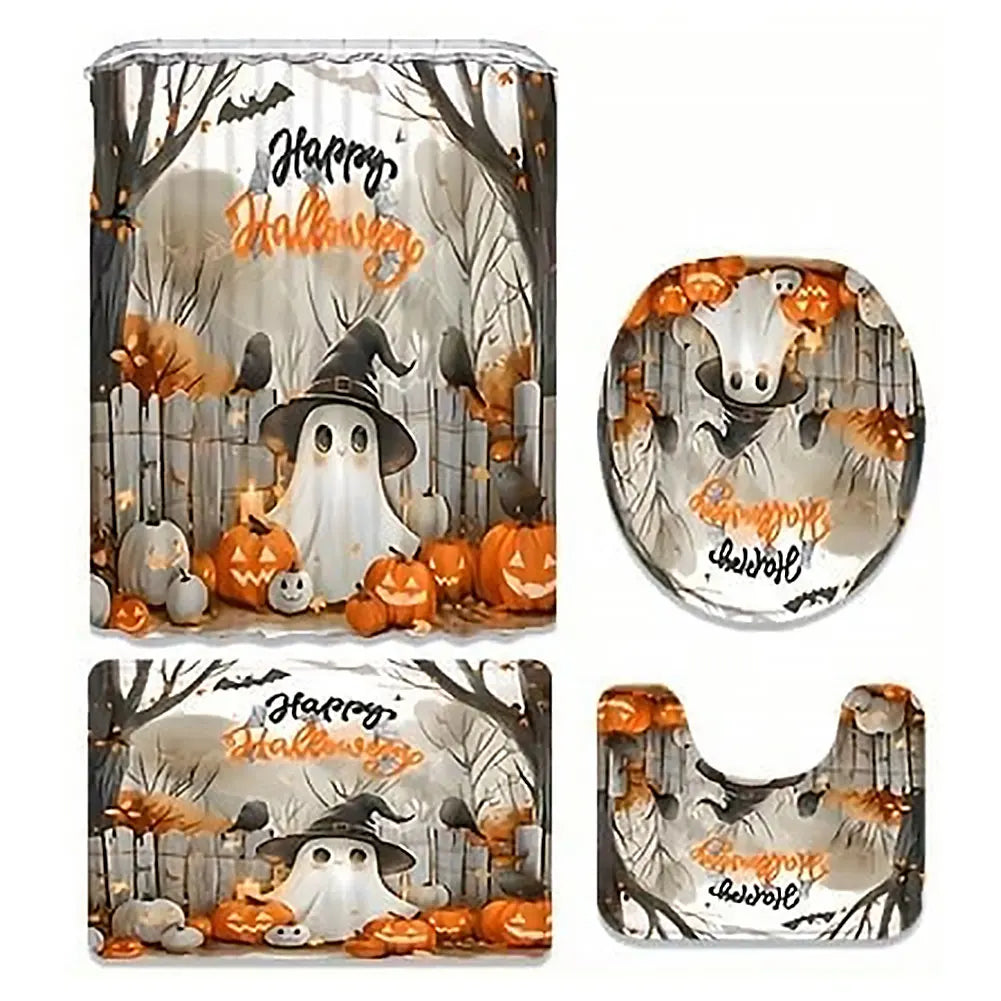 Cute Cartoon Ghost Shower Curtain Set Halloween Bathroom Curtain Washable Spooky Bathroom Curtain with Hooks for Bathroom Decor