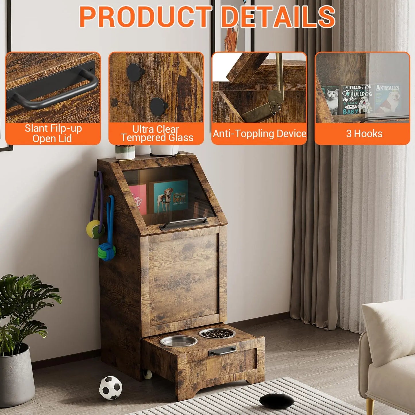 Large Dog Food Storage Cabinet with Flip Top - Pet Feeding Station & Organizer w/Transparent Lid, Side Hooks for Leashes etc.