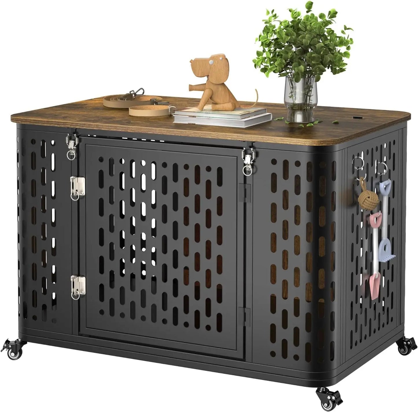 Heavy Duty Wood Dog Crate with Cushion Flip Top & Wheels Escape Proof Pet Cage for High Anxiety Dogs Furniture Style