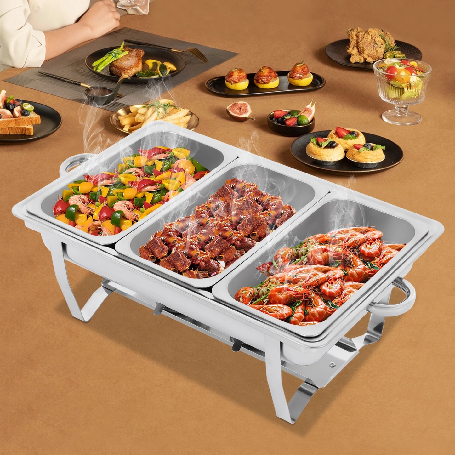 Modern 3-Compartment 2.5L Stainless Steel Chafing Dish Rectangular Buffet Serving Set for Catering Chafer Warmer