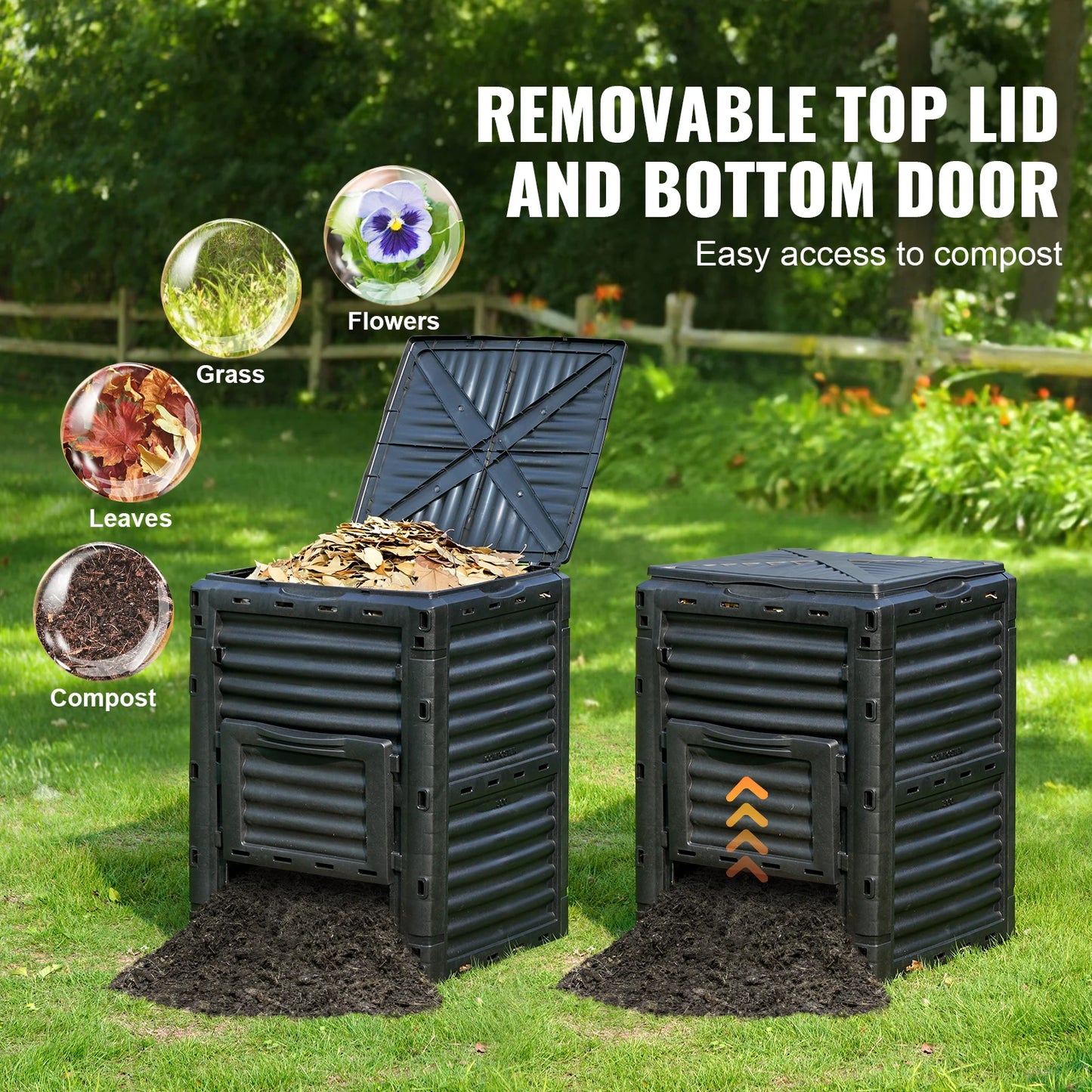 VEVOR Garden Compost Bin Large Capacity 80 Gallon BPA Free Outdoor Composter with Top Lid and Bottom Door Black