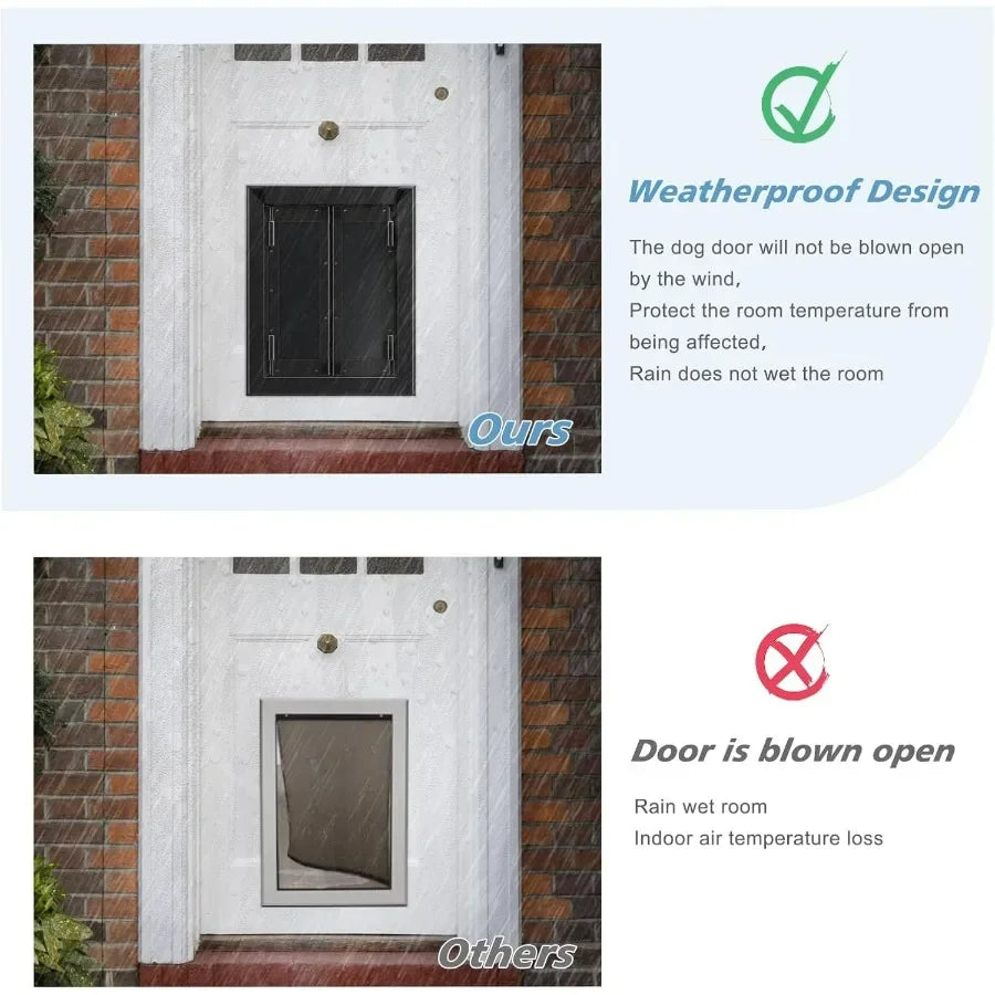 Heavy duty aluminum exterior dog door with strong double magnetic flaps designed for medium sized dogs up to 40 lbs.