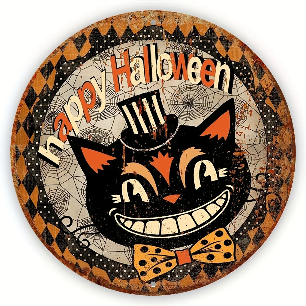 Tin Painting - 8"x8" Round Aluminum Quirky Happy Halloween Sign | Black Cat Wreath Design for Home, Kitchen