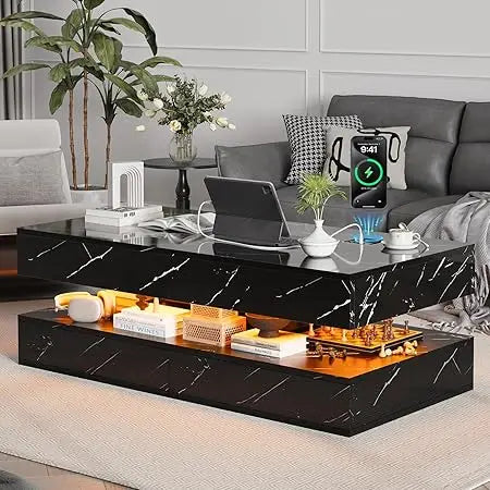 Modern LED Coffee Table 47 Inch High Gloss Double Layer Center Table with Wireless Charging and Built in Bluetooth 2 Drawers Black Marble Finish