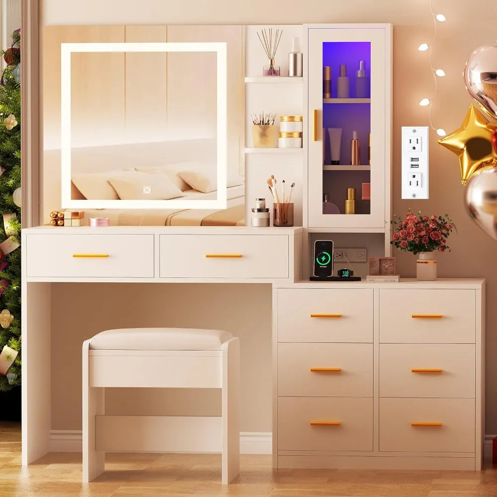 51.8 Inch Makeup Vanity Desk with Mirror and Lights White Vanity Table with RGB Cabinets Eight Drawers Power Outlet Large Dresser