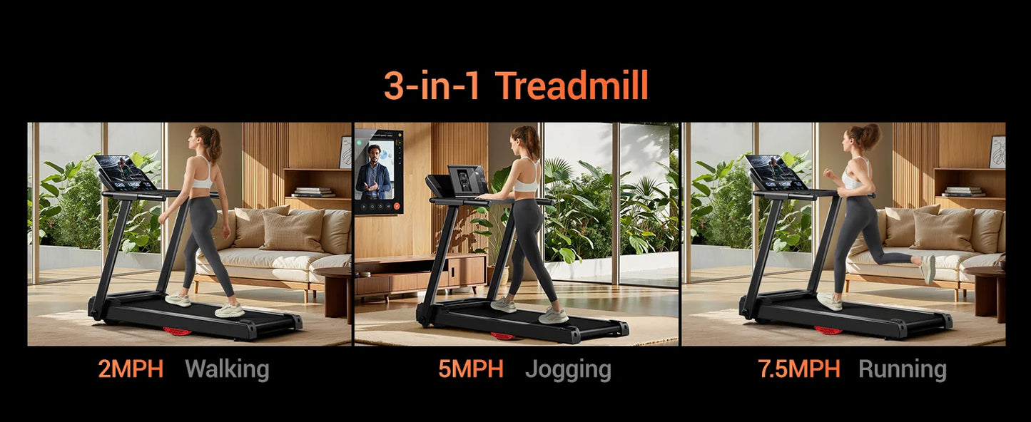 3.0HP Brushless Foldable Treadmill for Home Use 300LB Capacity with Heart Rate Monitor and Dual Shock Absorption