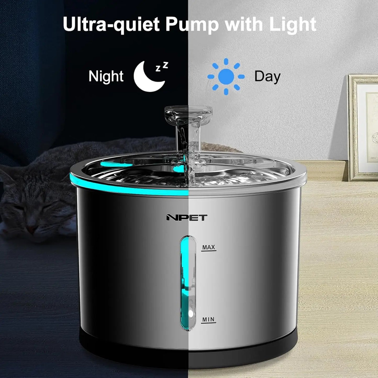 NPET Stainless Steel Cat Water Fountain 50oz 1.5L Dishwasher Safe Pet Water Dispenser with Visible Window Light