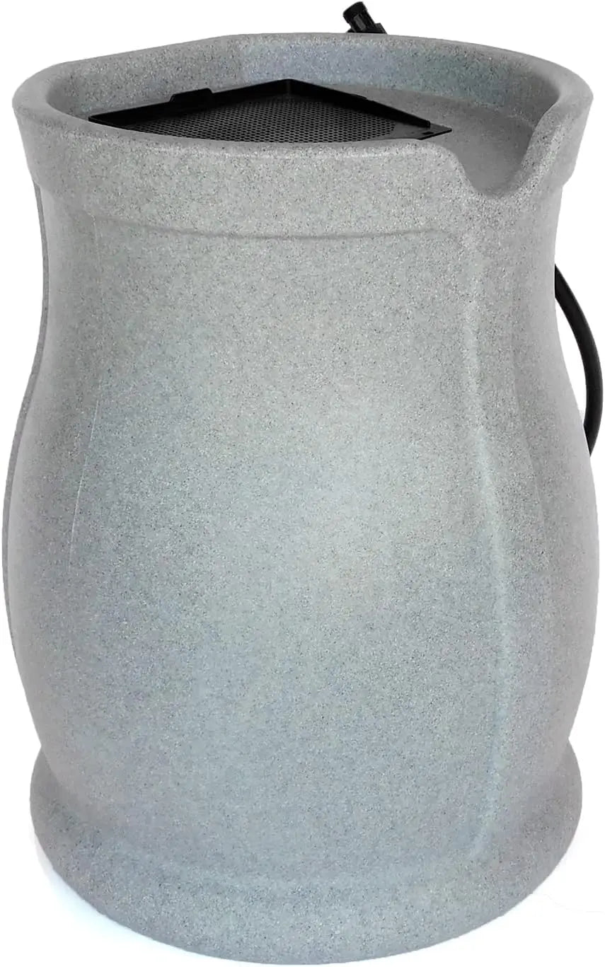 Catalina 45 Gallon BPA Free Rain Barrel with Fixed Lid and 3.5 Foot Garden Hose Flat Back Design for Water Conservation in Light Granite