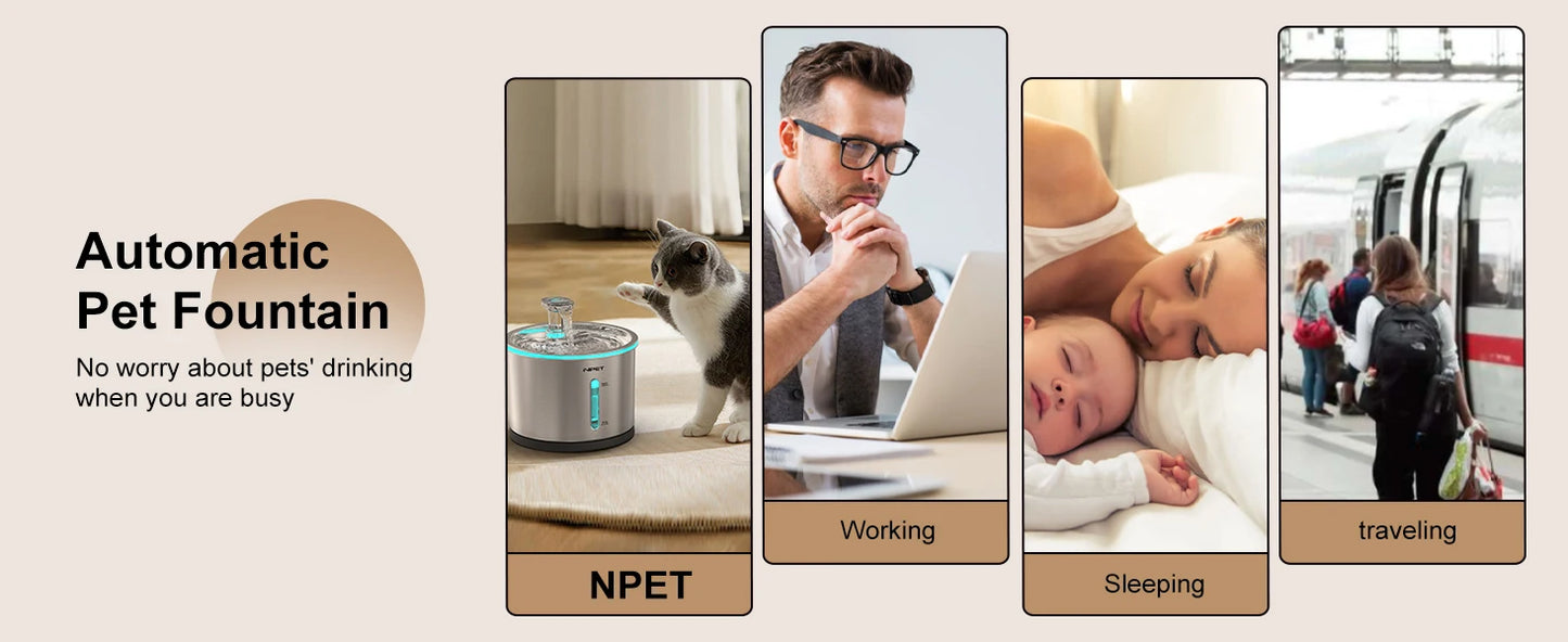 NPET Stainless Steel Cat Water Fountain 50oz 1.5L Dishwasher Safe Pet Water Dispenser with Visible Window Light