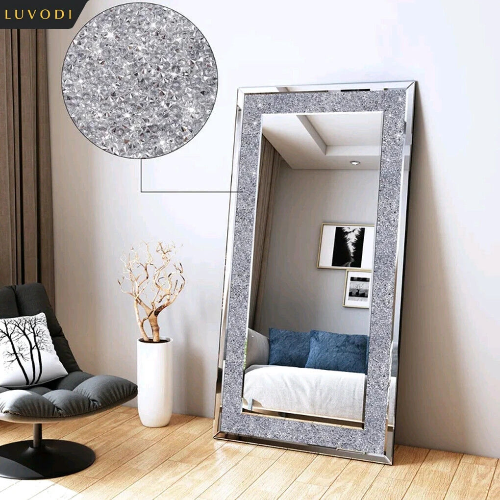 LUVODI Large Silver Sparkly Crystal Rhinestone Frameless Wall Mounted Dressing Mirror for Home and Hotel